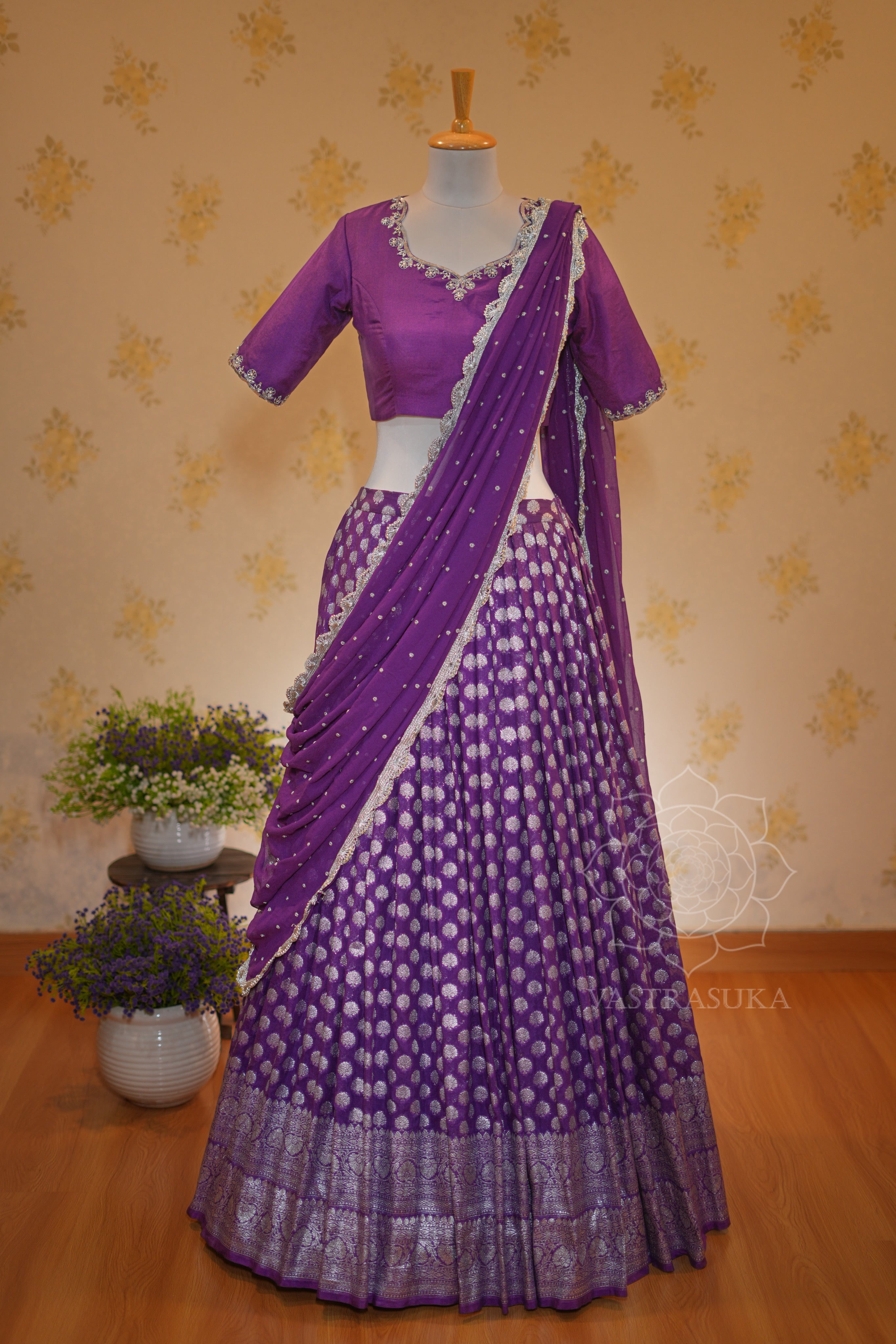 Purple silver kanchi half saree