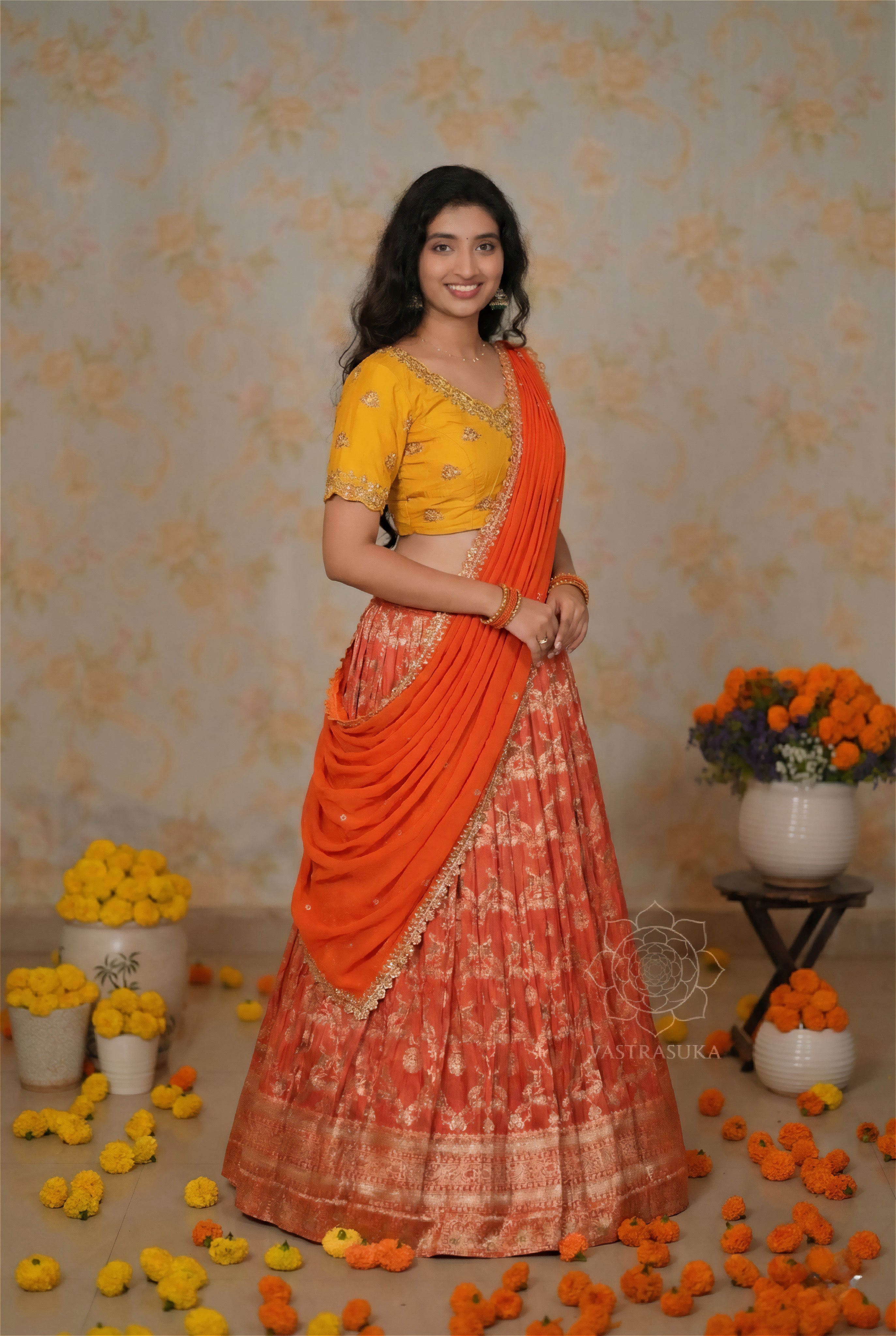 Orange Zari Weaved Half Saree
