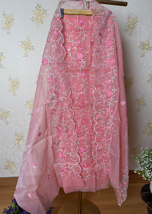 Premium Quality peach pink kota doria Cotton thread work Embroidered Salwar Suit
