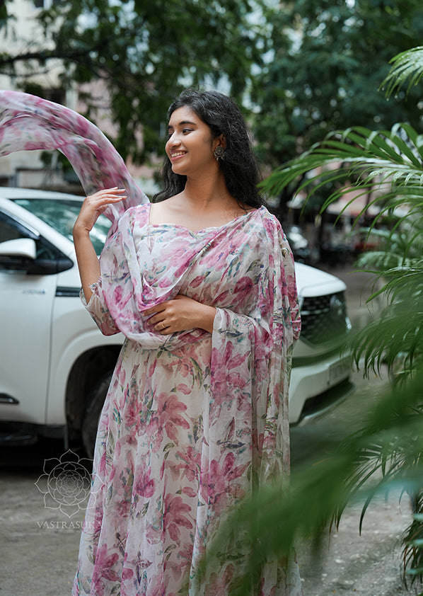 White Floral Chiffon Anarkali