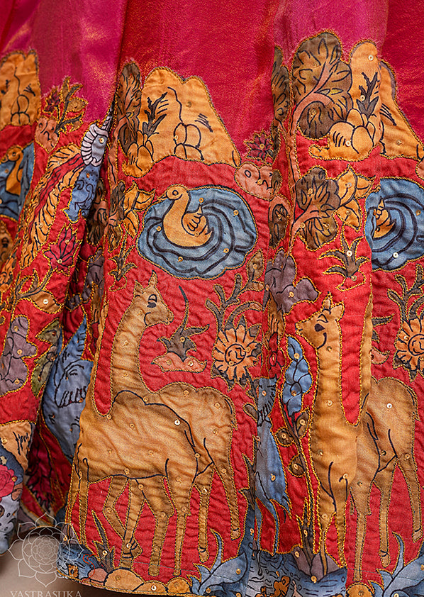 Hot Pink Pen Kalamkari Tissue Lehenga Set