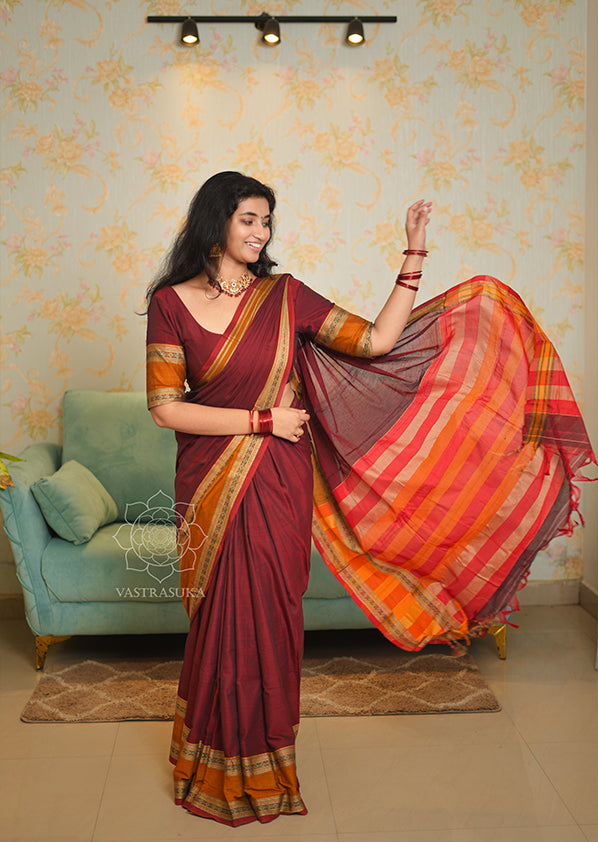 Burgundy Red Narayanpet Saree with Mustard Border