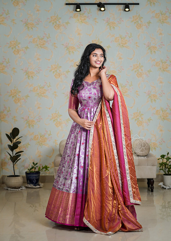 Kalamkari Banaras Tissue Long Dress with Silk Tissue Dupatta