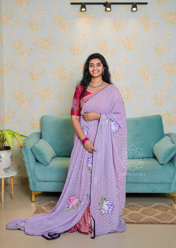 Lavender Floral Hand Painted Saree