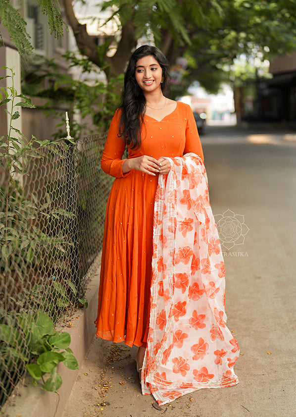 Rust Orange Mirror Embroidered Anarkali Set