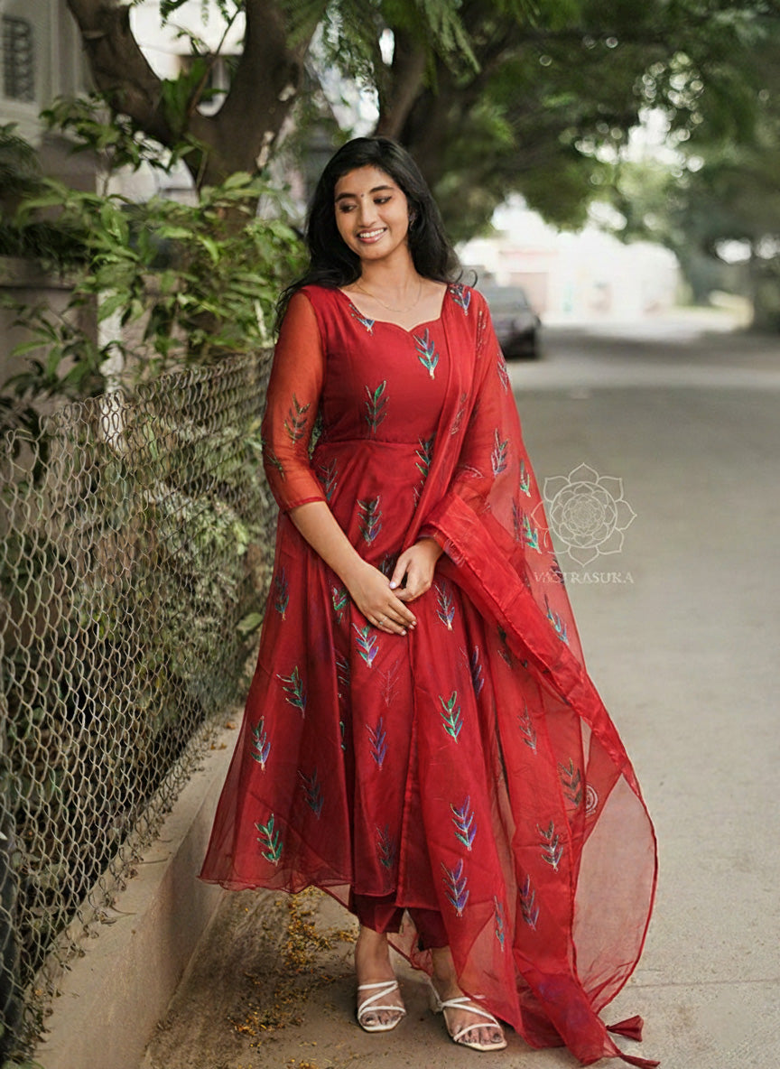 Burgundy Red Hand Painted Anarkali