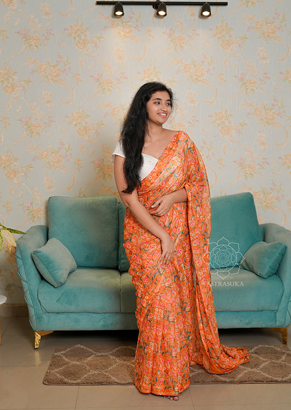 Light Orange Floral Chiffon Saree