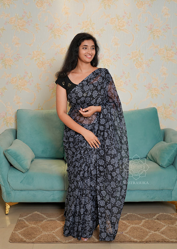 Black Floral Chiffon Saree