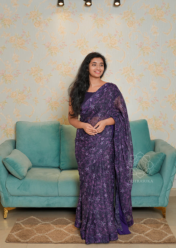 Purple Floral Chiffon Saree