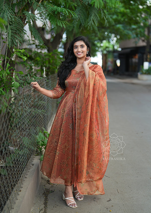 Peach Orange Tissue Anarkali