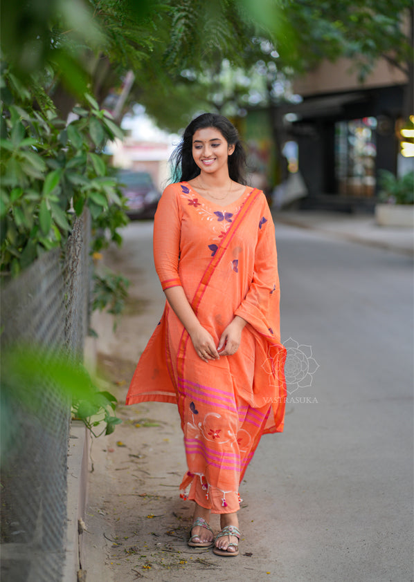 Peach orange mul cotton Kurti set