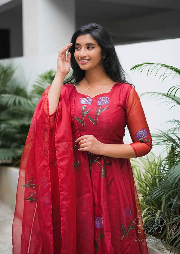 Burgundy Red Hand Painted Anarkali