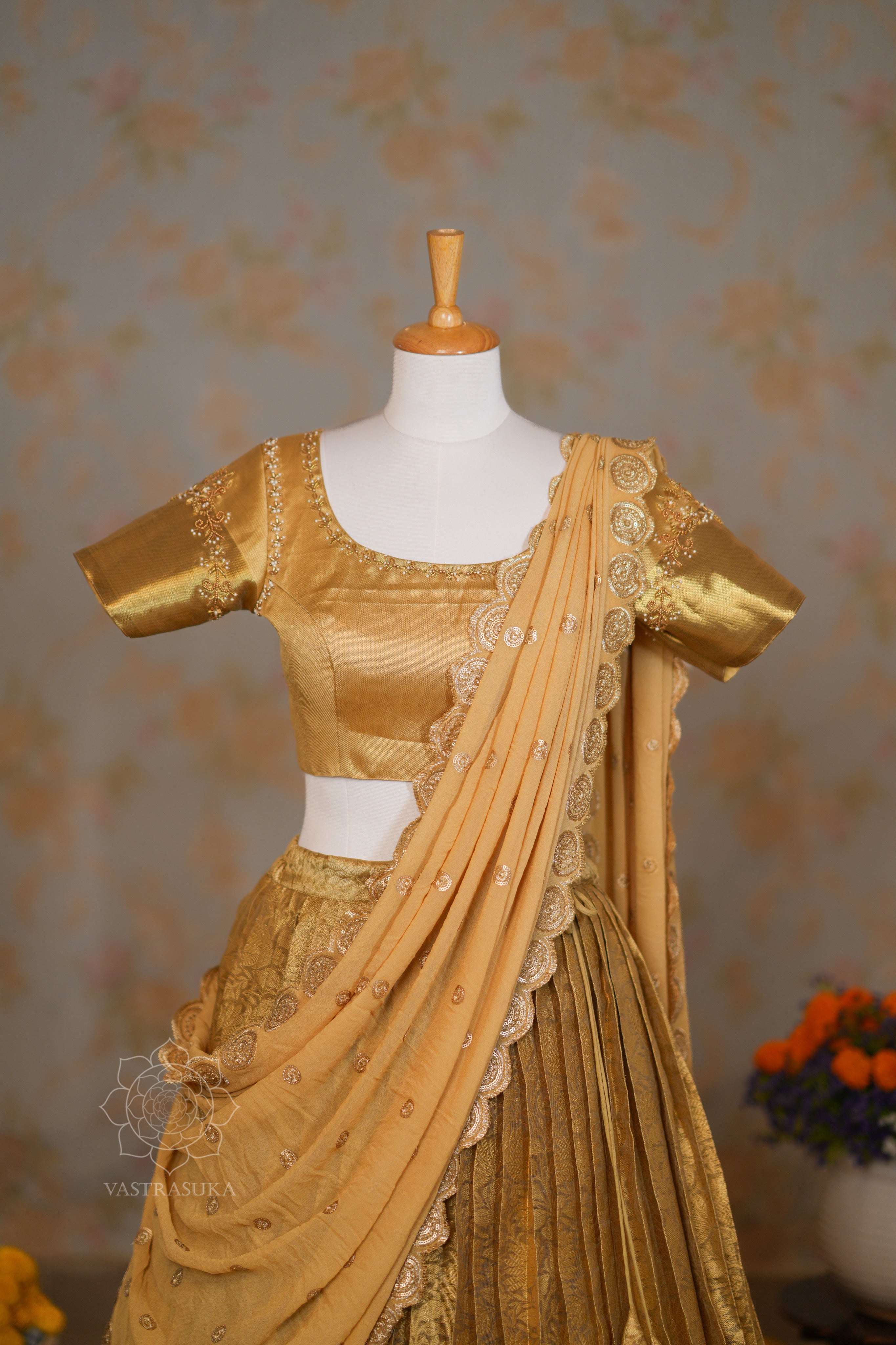 Golden Zari Weaved Banarasi Tissue Half Saree