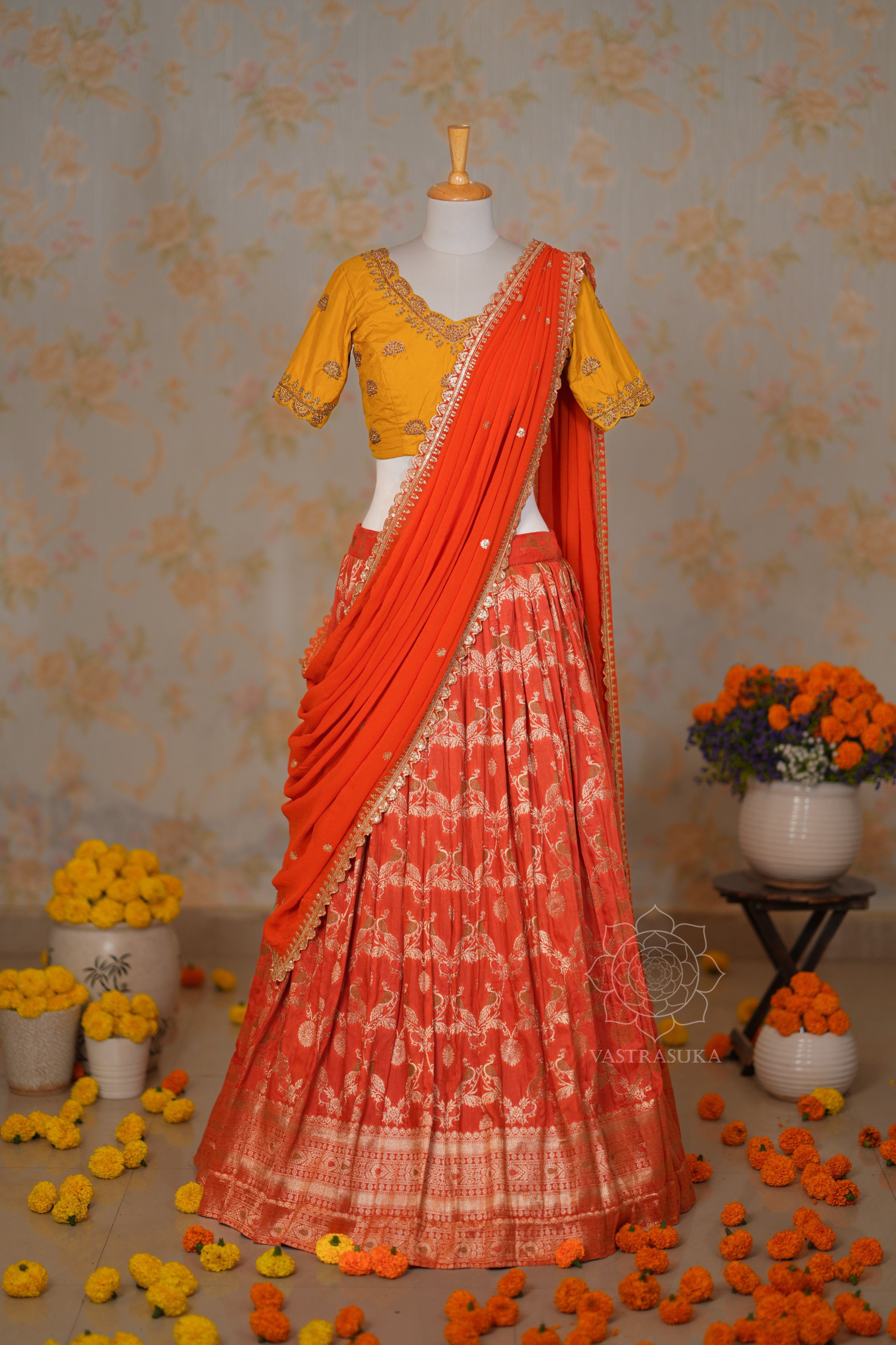 Orange Zari Weaved Half Saree