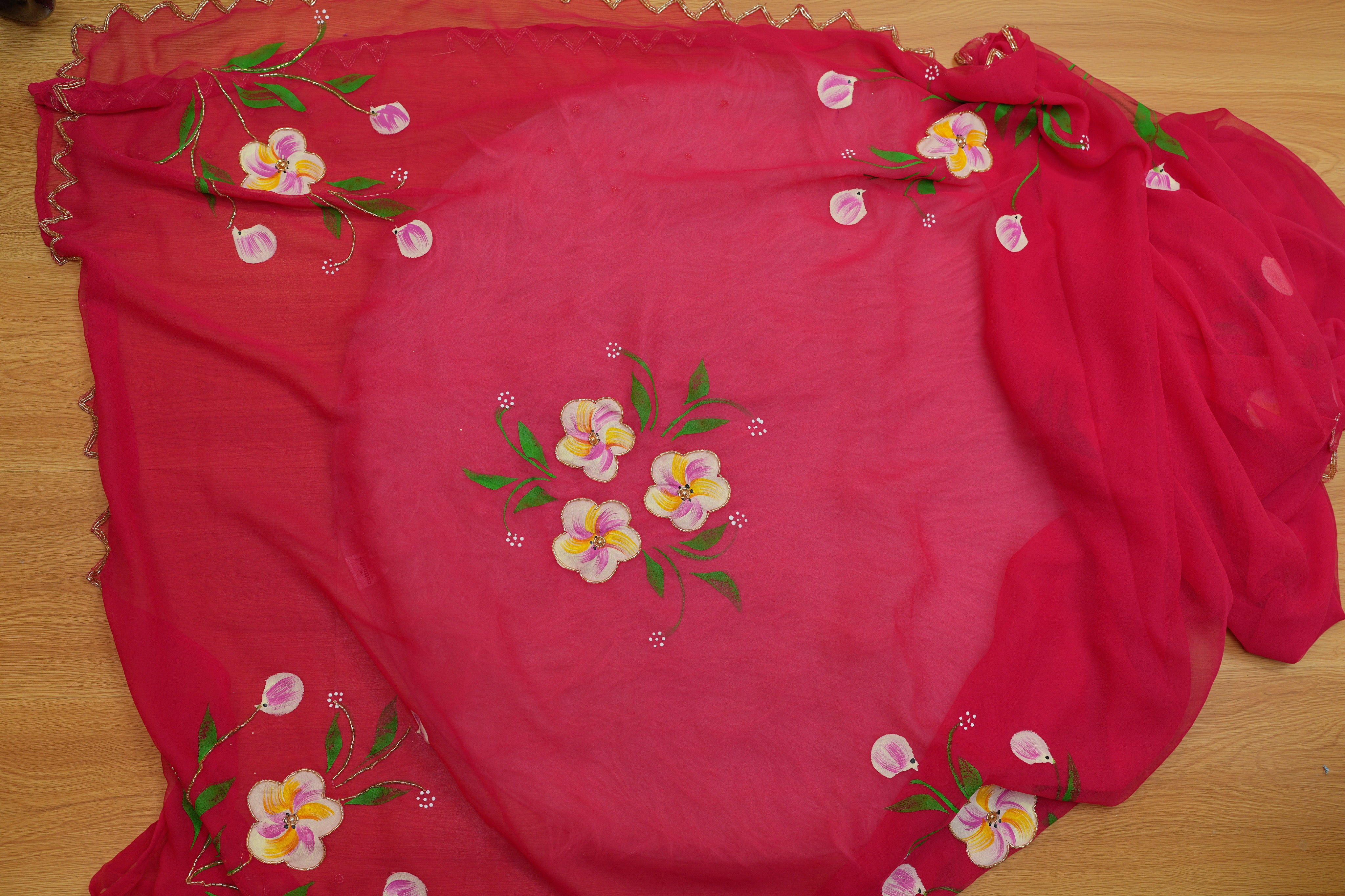 Red Hand-Painted Georgette Saree with Exquisite Handwork Detailing