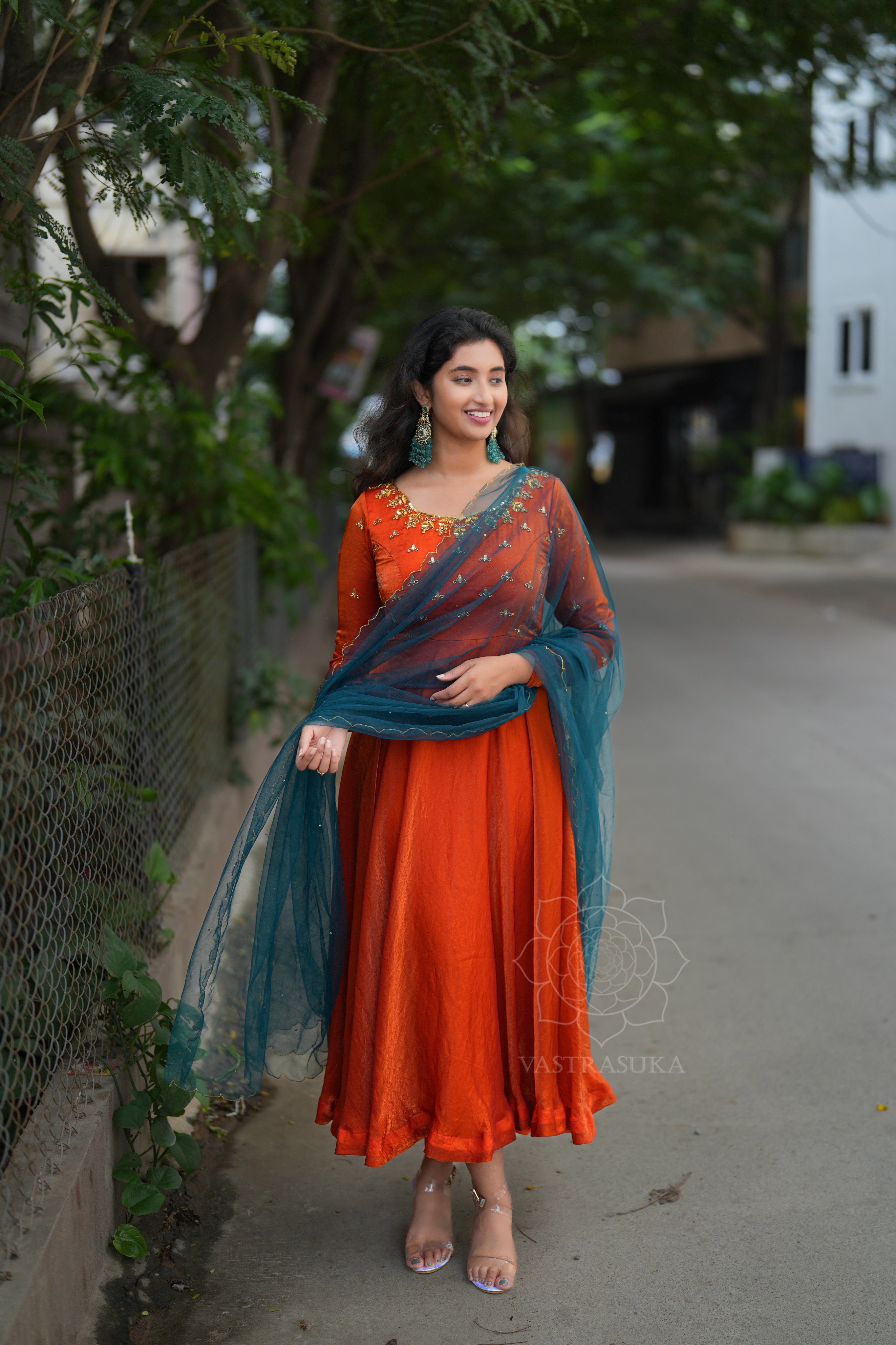 Rust orange space silk Anarkali