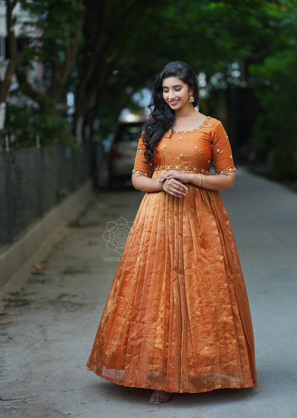 Rust Orange Tissue Long Dress With Dupatta Rust Orange Tissue Long Dress With Dupatta