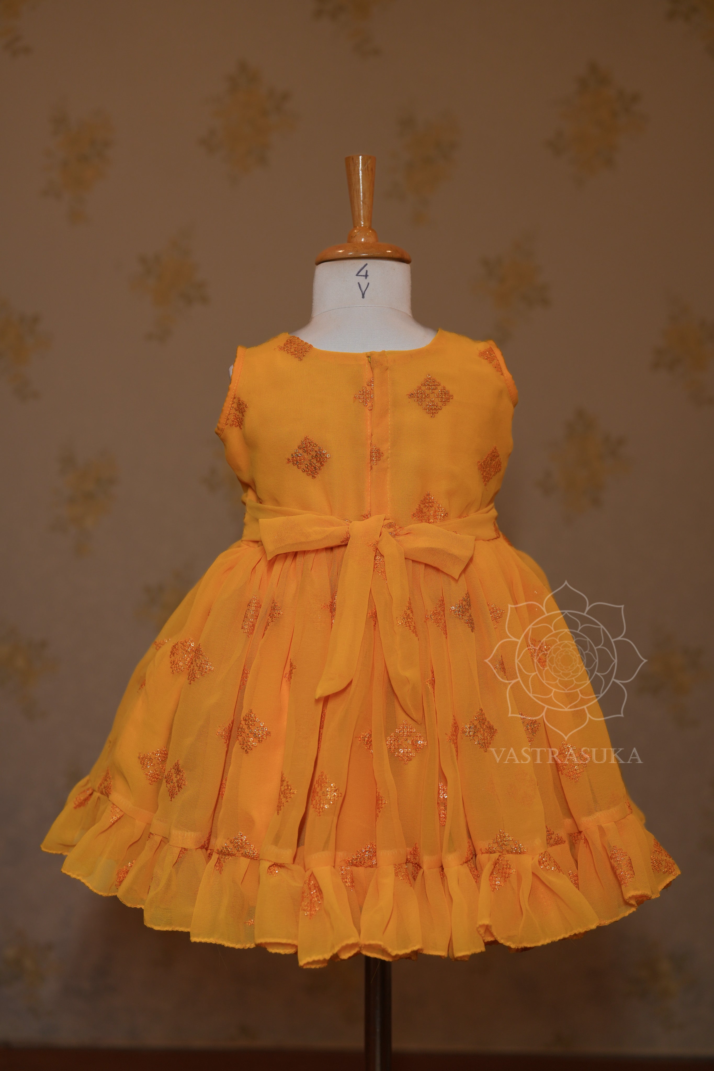 Yellow embroidered georgette kids dress