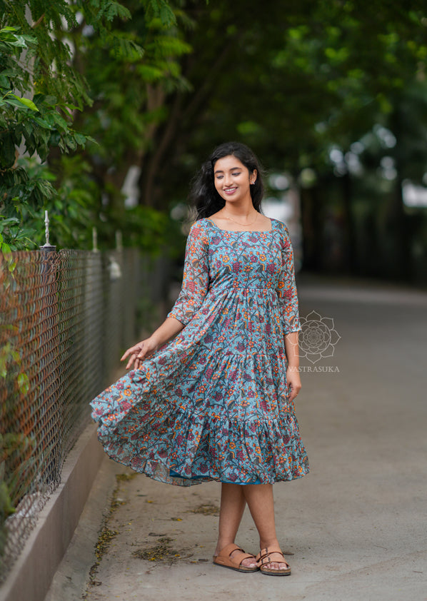 Teal kalamkari short dress