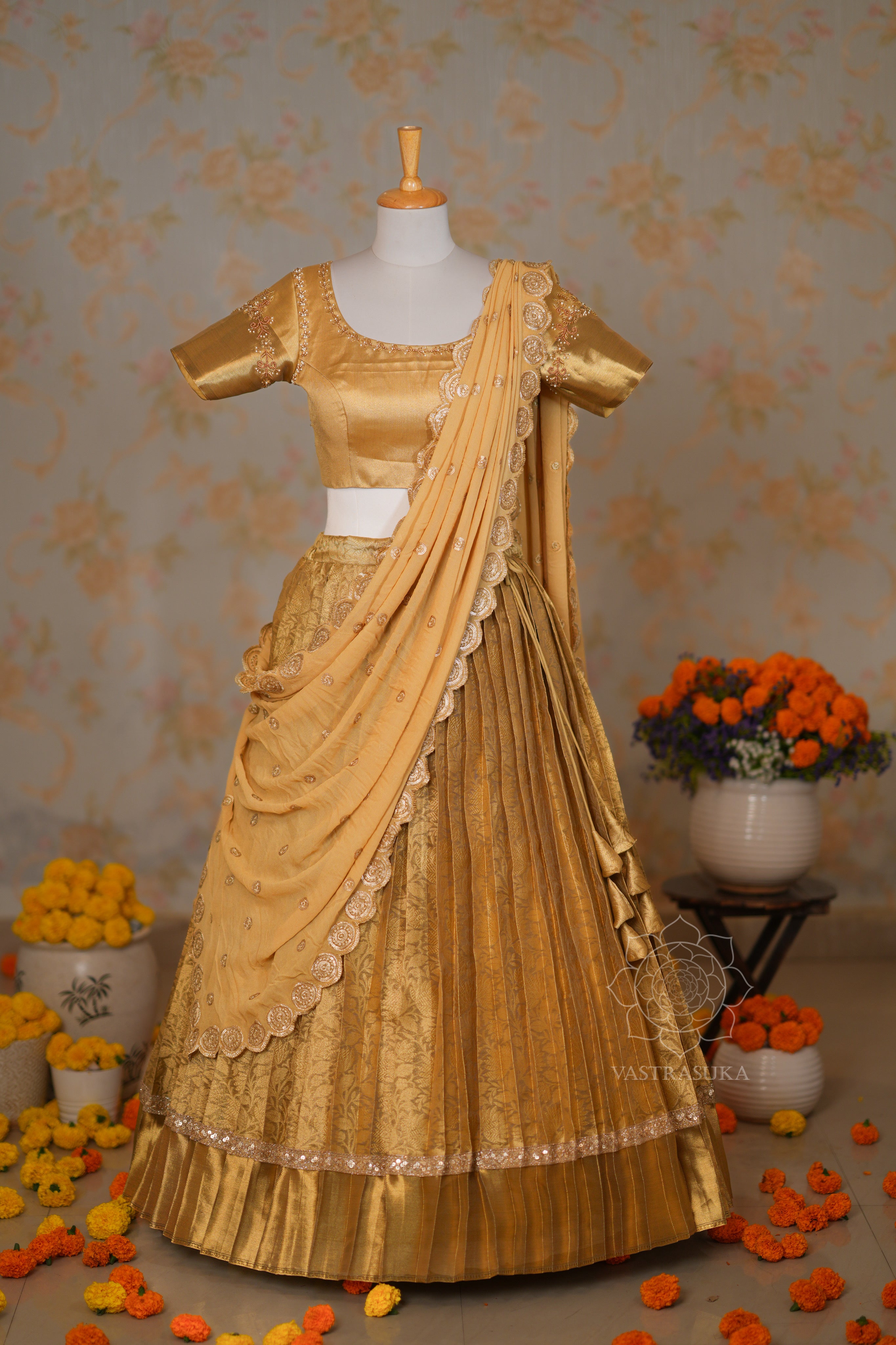Golden Zari Weaved Banarasi Tissue Half Saree