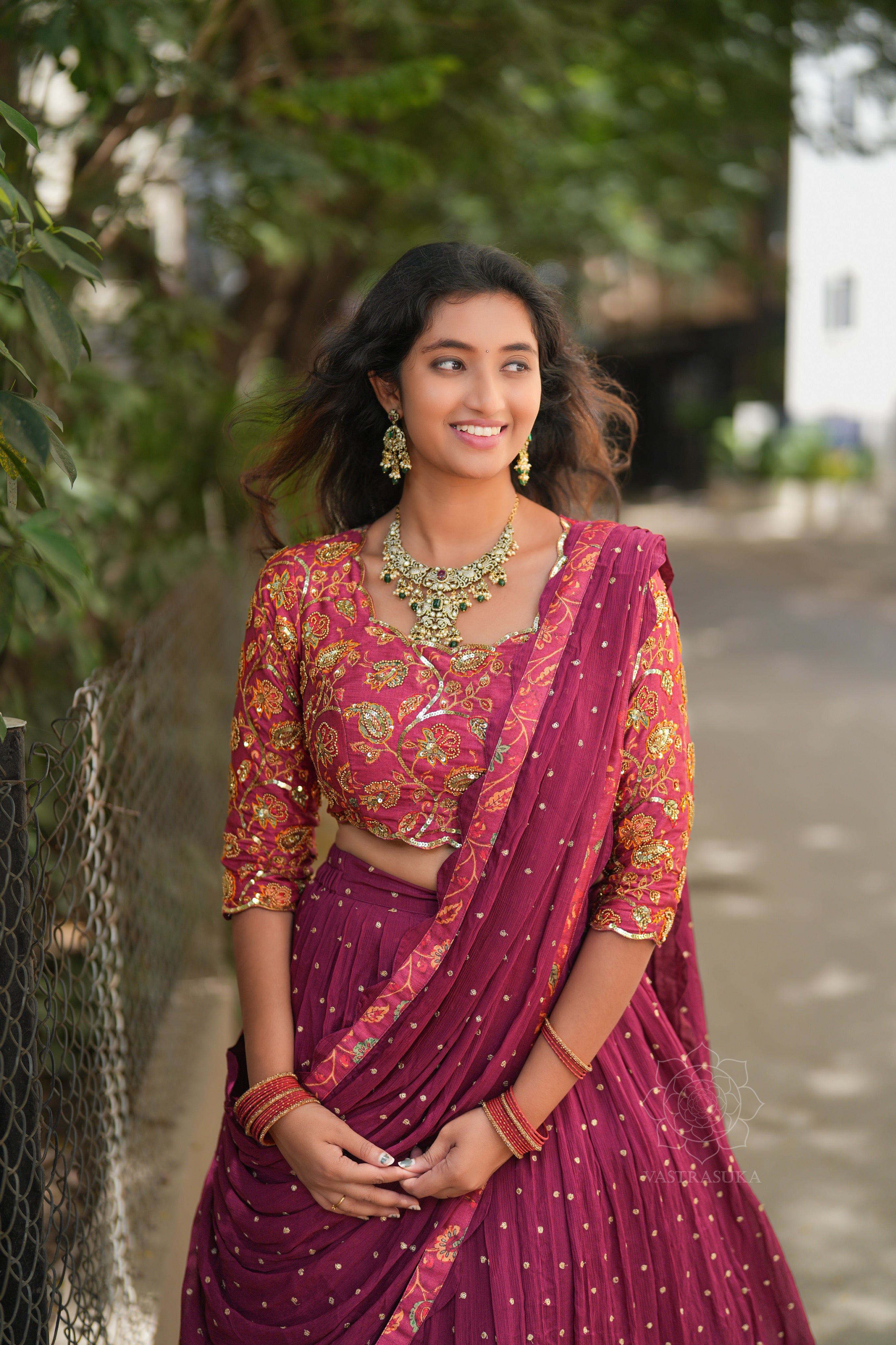 Wine red kalamkari lehanga set