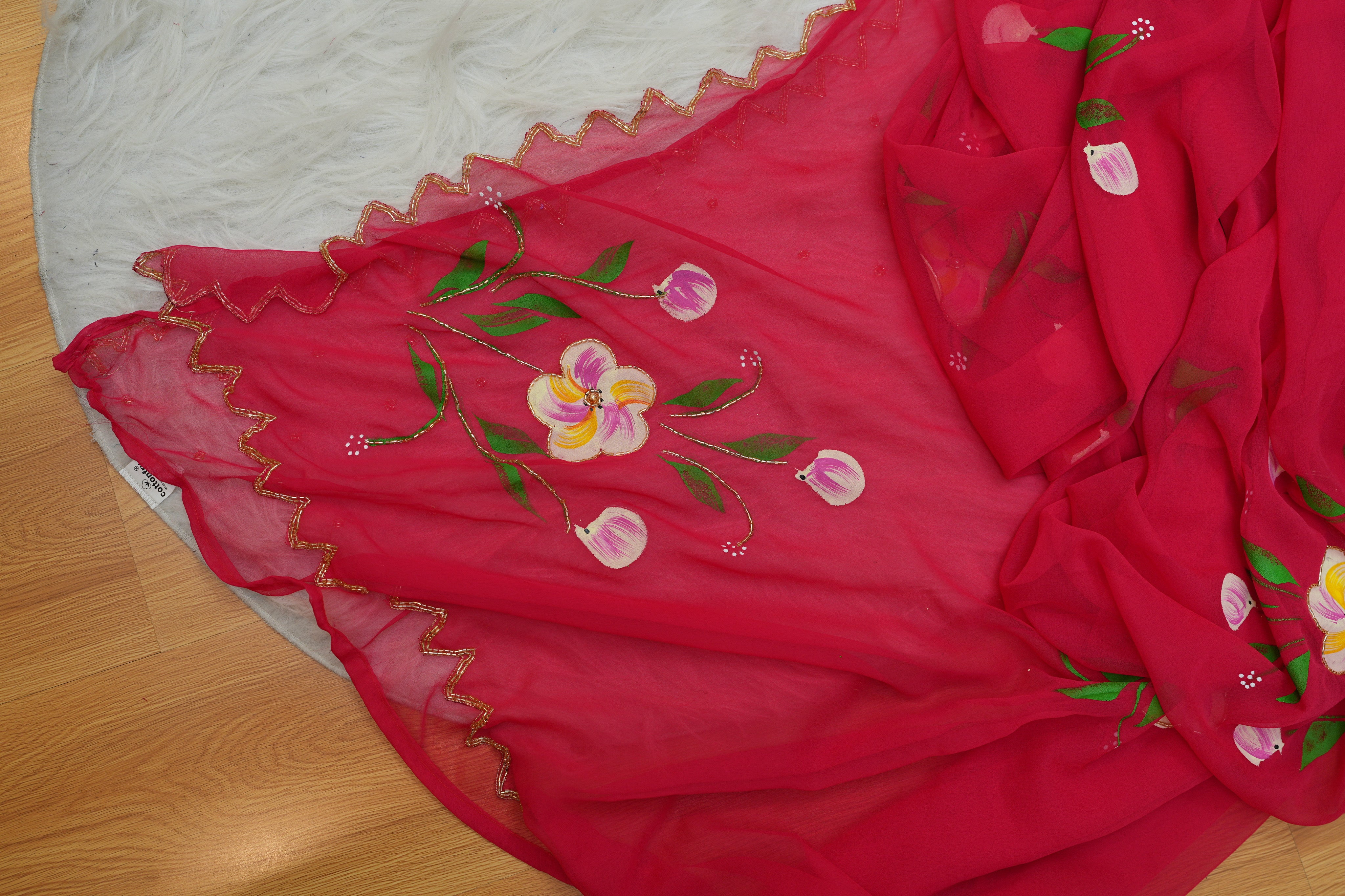 Red Hand-Painted Georgette Saree with Exquisite Handwork Detailing