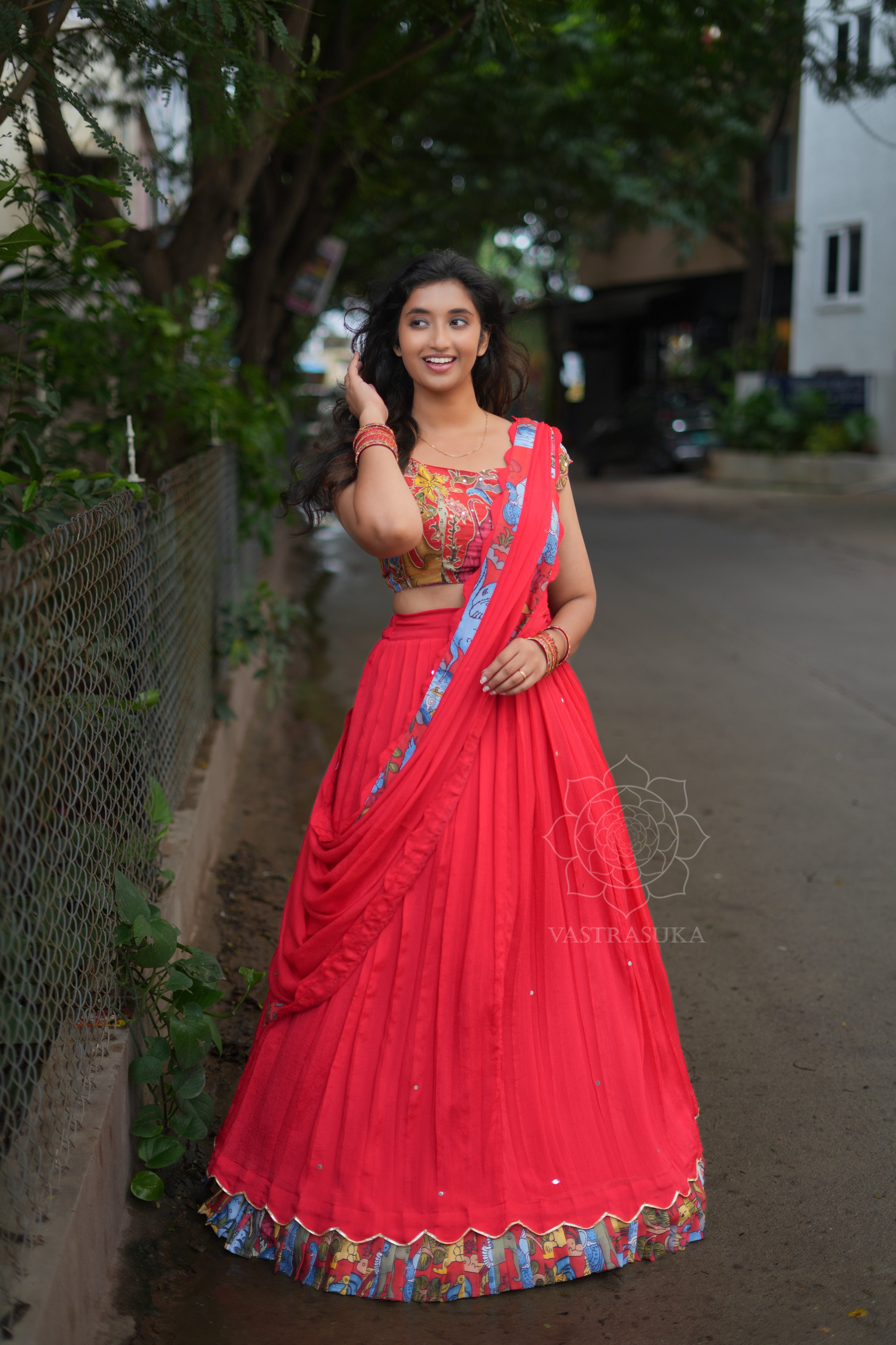 Red kalamkari lehanga set&nbsp;