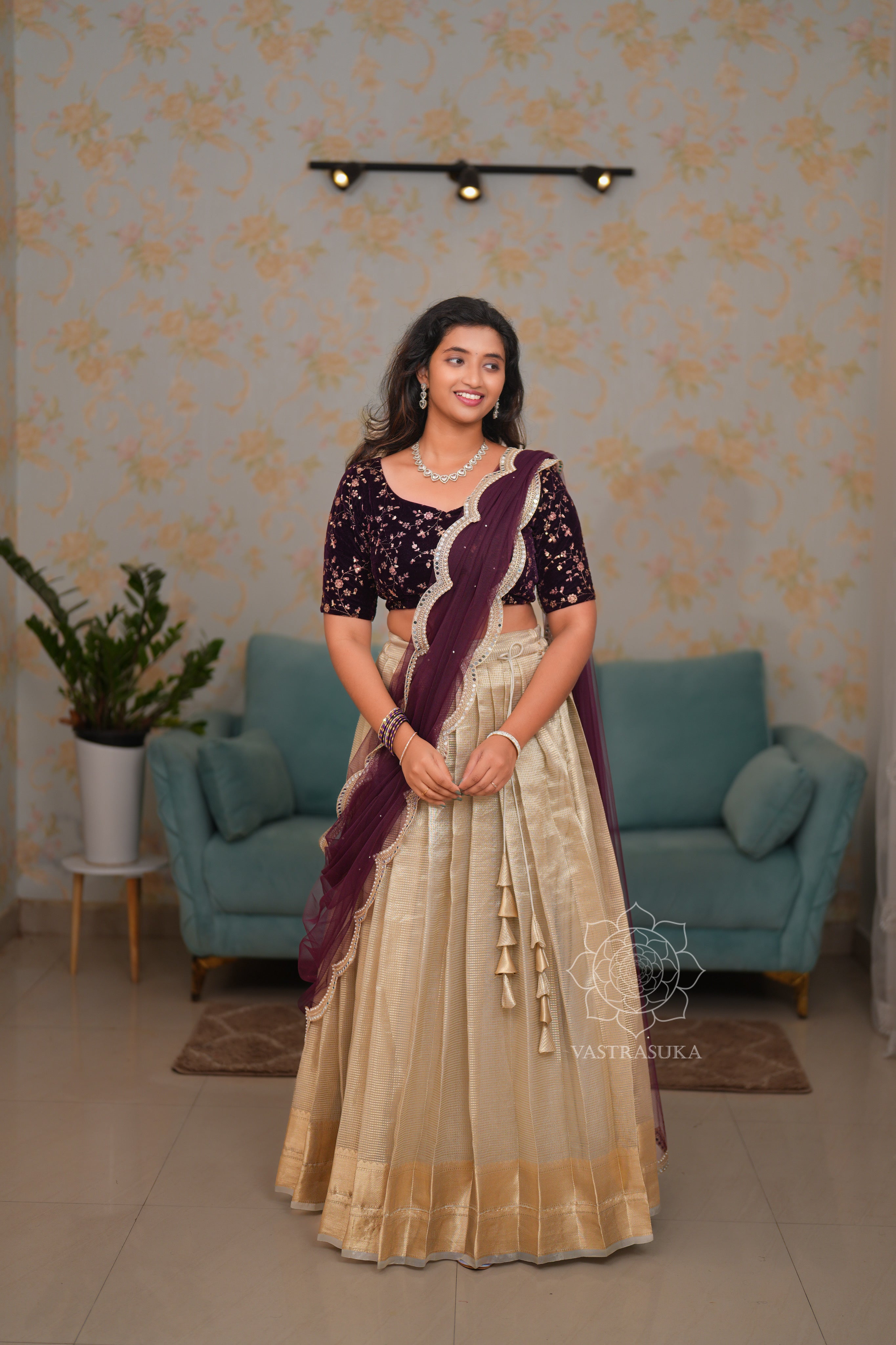 Ivory silver and gold shaded Kanchi tissue lehenga