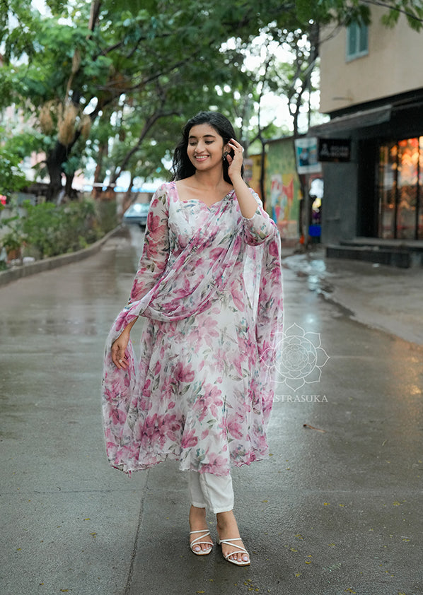 White Floral Chiffon Anarkali