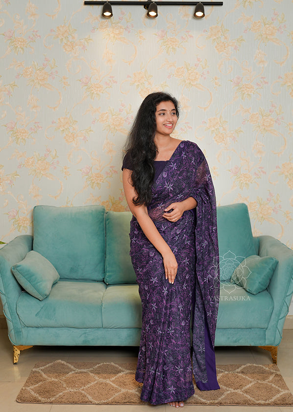 Purple Floral Chiffon Saree