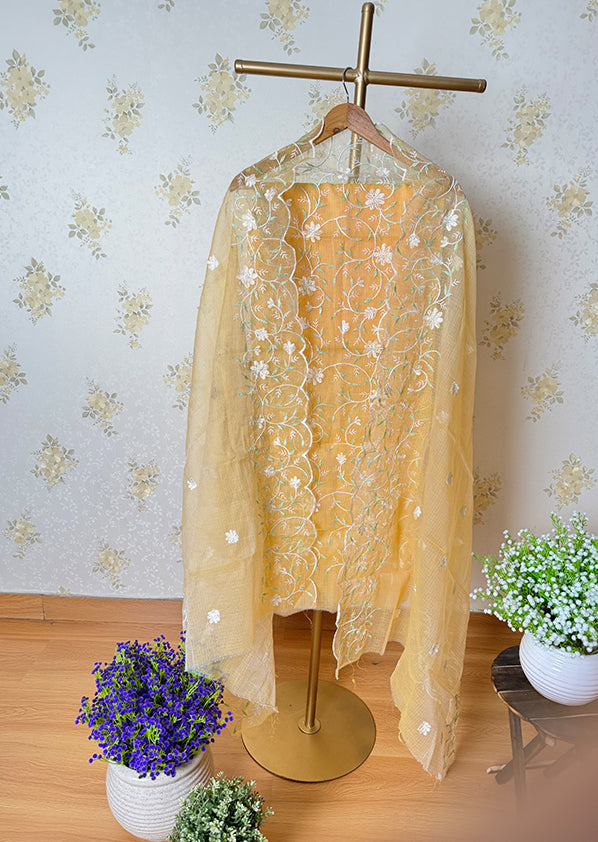 Premium Quality mustard kota doria Cotton thread work Embroidered Salwar Suit