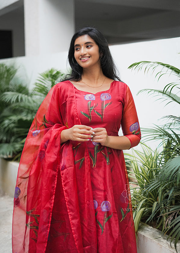 Burgundy Red Hand Painted Anarkali