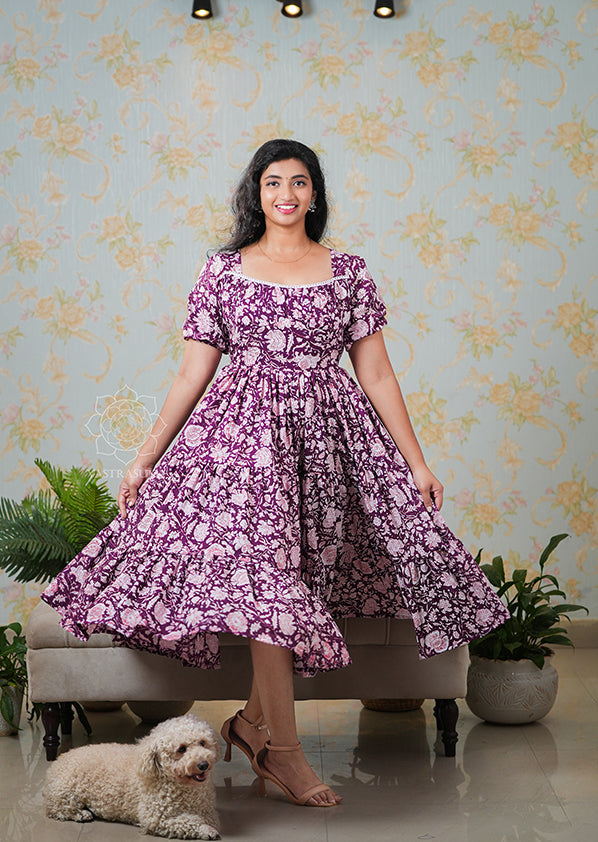 Wine Pink Floral Flared Dress