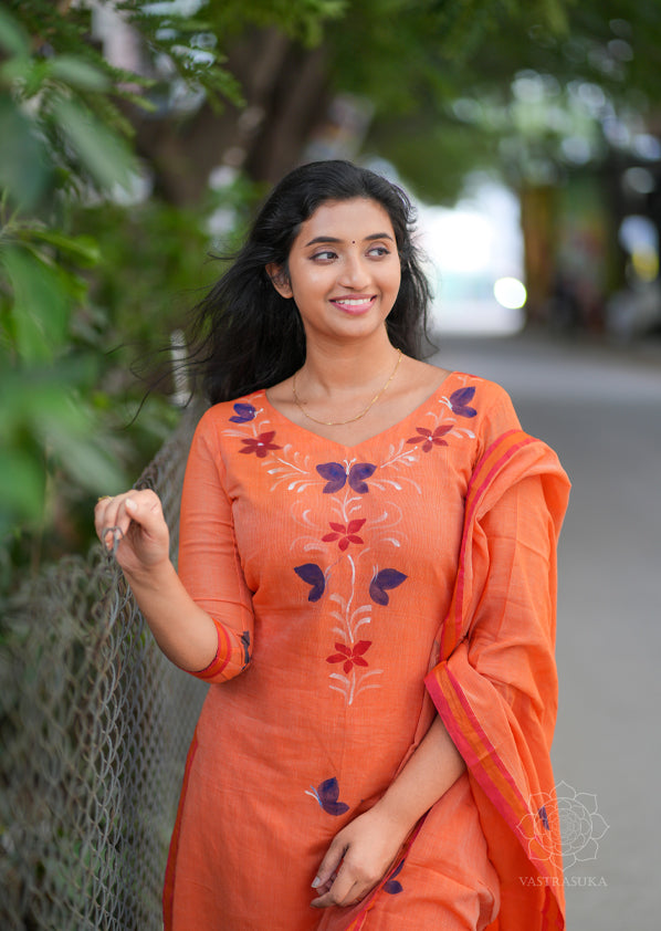 Peach orange mul cotton Kurti set