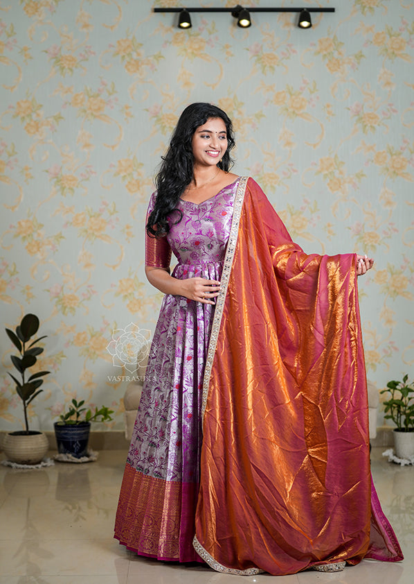 Kalamkari Banaras Tissue Long Dress with Silk Tissue Dupatta