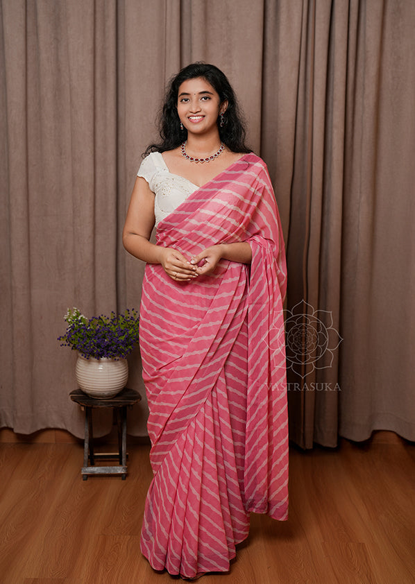 Baby Pink Chiffon Leheriya Printed Saree