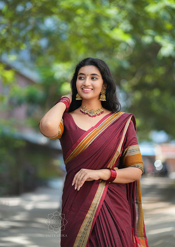 Burgundy Red Narayanpet Saree with Mustard Border