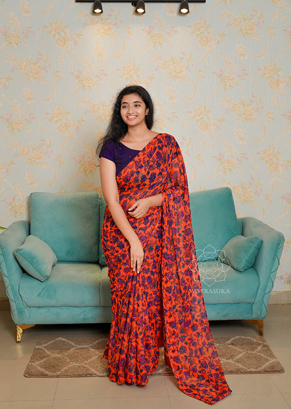 Rust Orange Floral Chiffon Saree