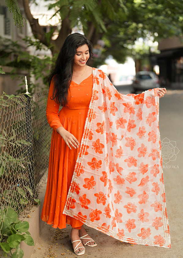 Rust Orange Mirror Embroidered Anarkali Set