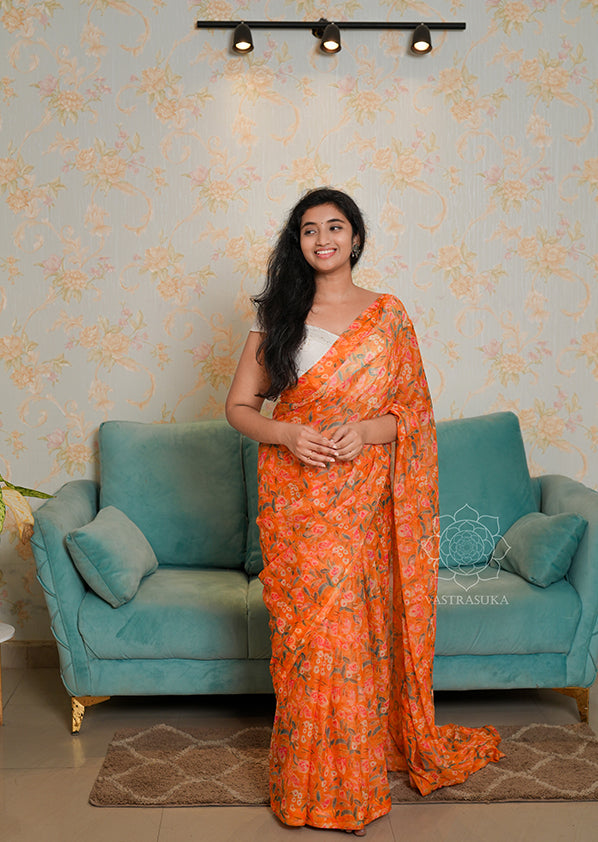 Light Orange Floral Chiffon Saree