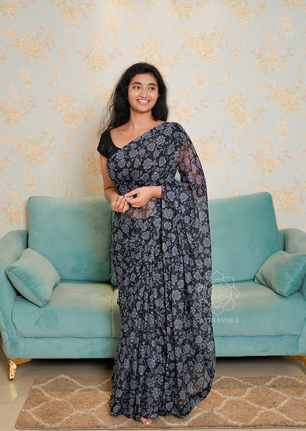 Black Floral Chiffon Saree