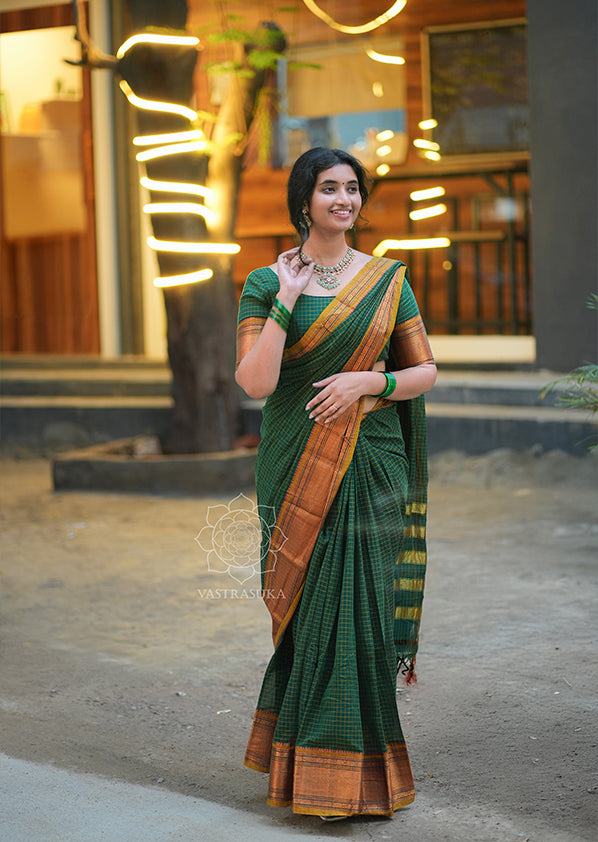 Bottle Green Checks Handloom Saree