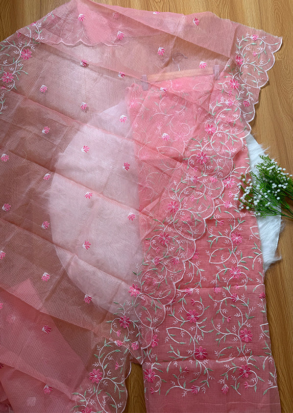 Premium Quality peach pink kota doria Cotton thread work Embroidered Salwar Suit