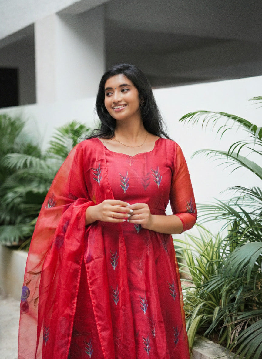 Burgundy Red Hand Painted Anarkali