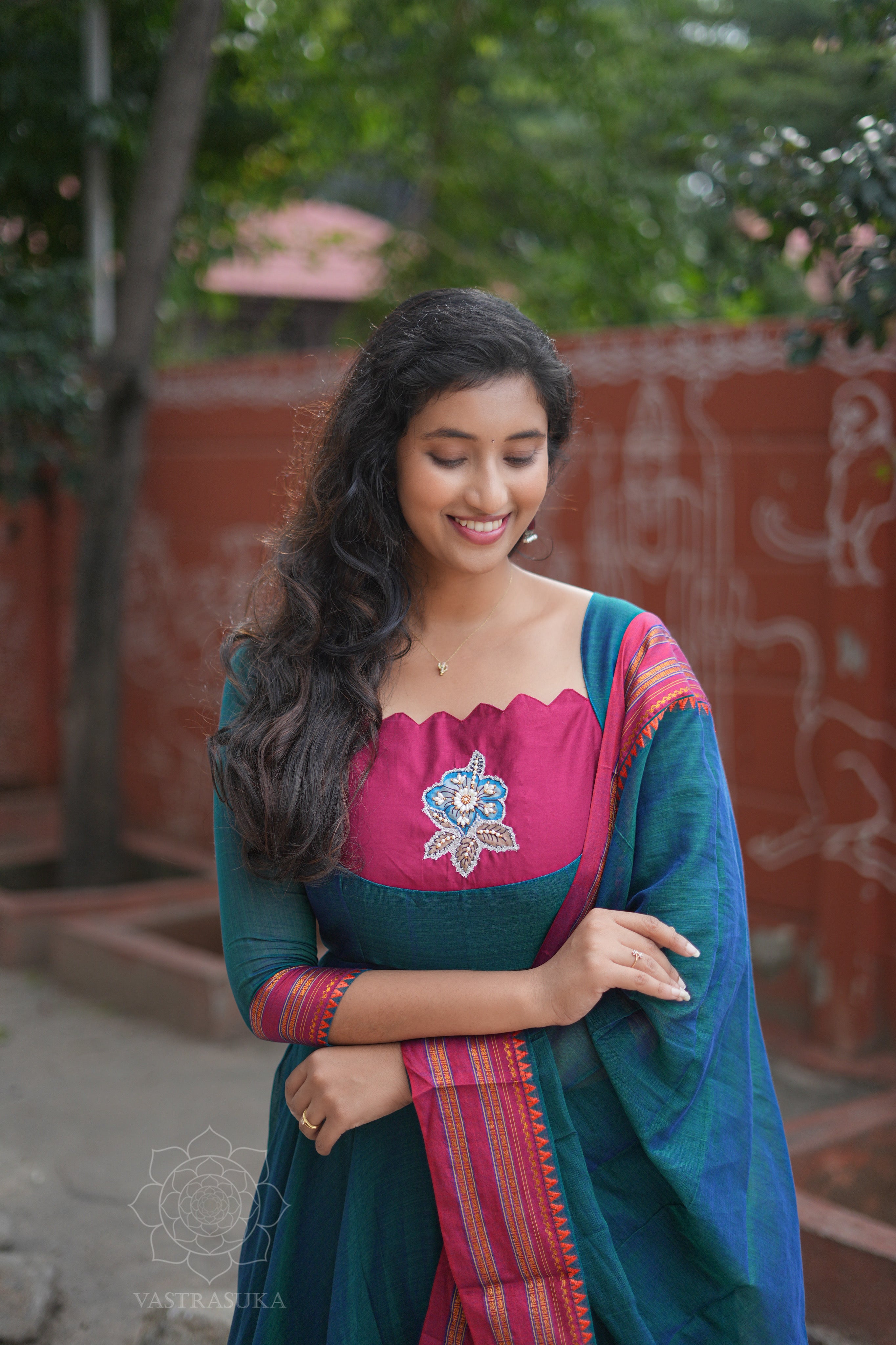 Teal blue handloom Anarkali