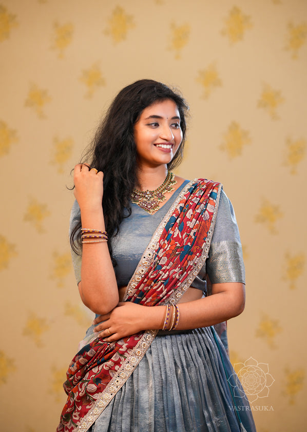 Grey Kalamkari Tissue Half Saree