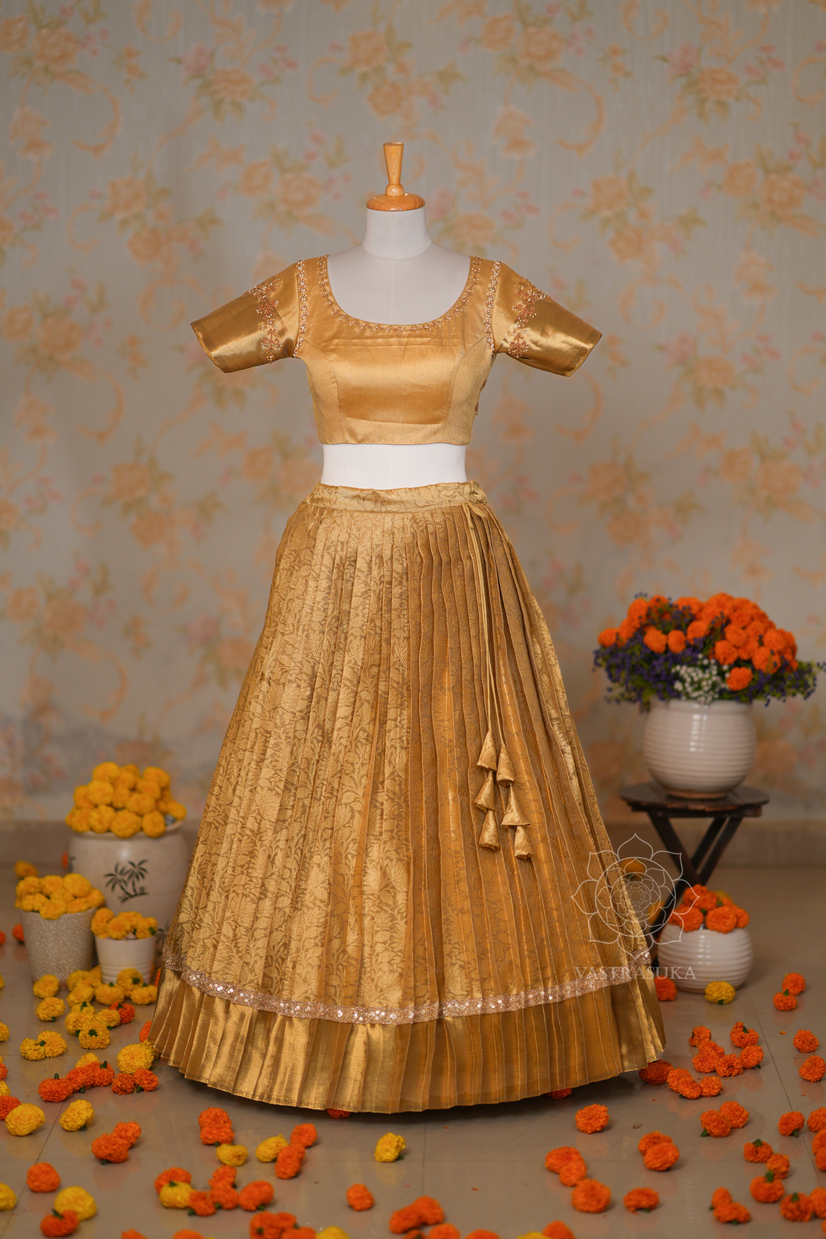 Golden Zari Weaved Banarasi Tissue Half Saree