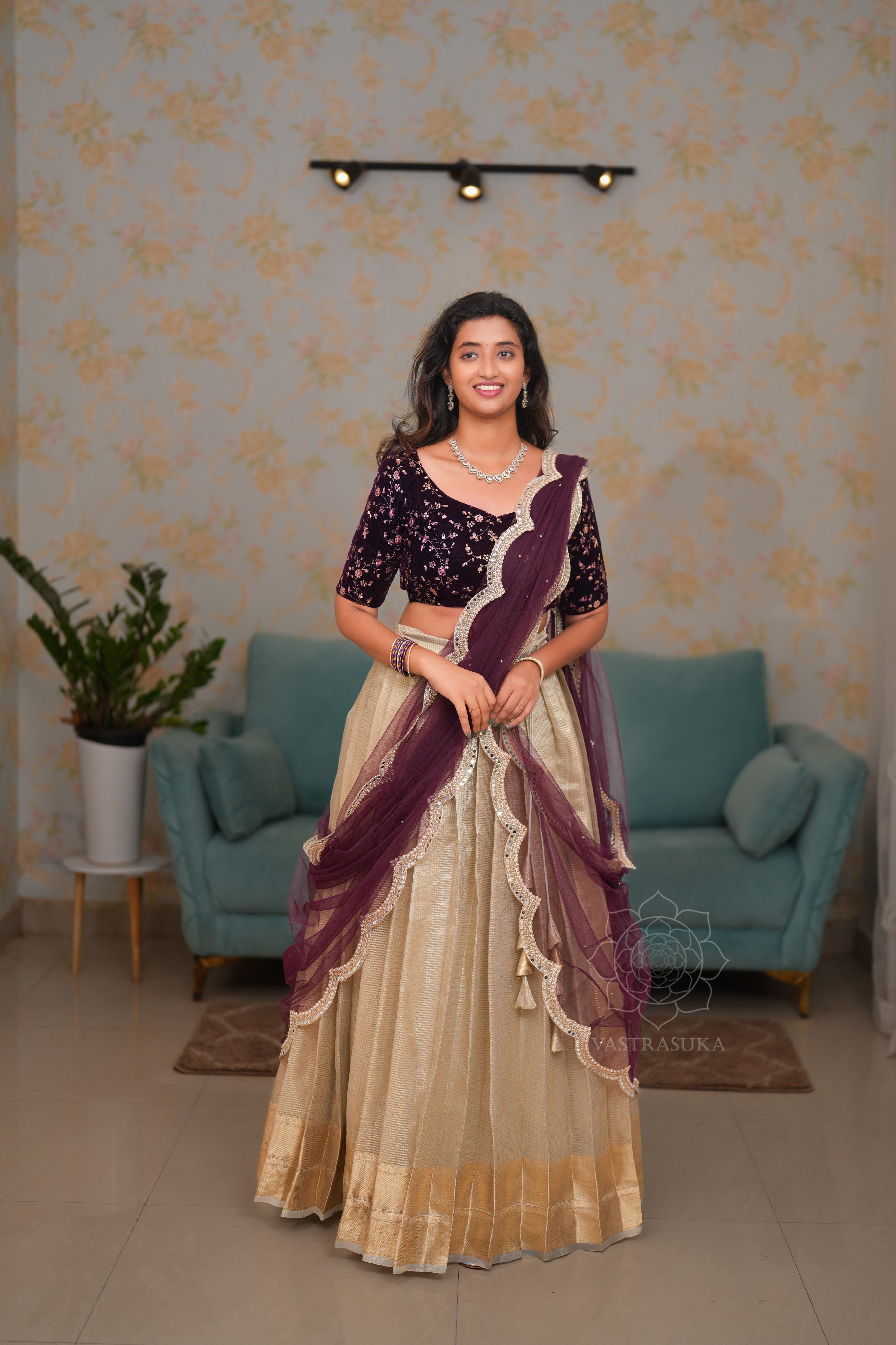 Ivory silver and gold shaded Kanchi tissue lehenga