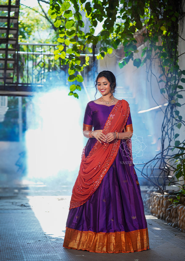 Buy Stunning Beige And Orange Embroidered Work Net Designer Half N Half  Saree | Wedding Sarees
