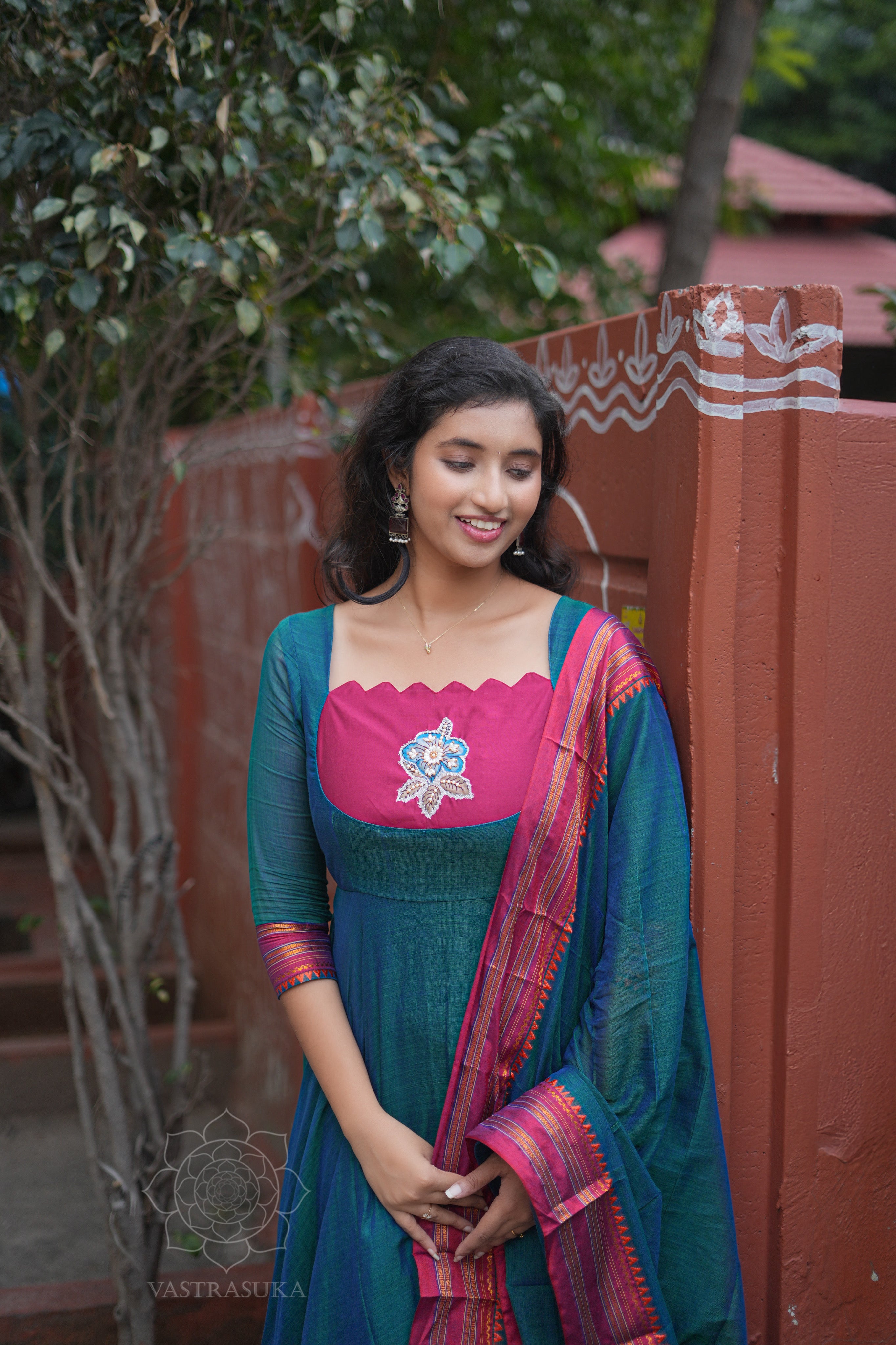 Teal blue handloom Anarkali